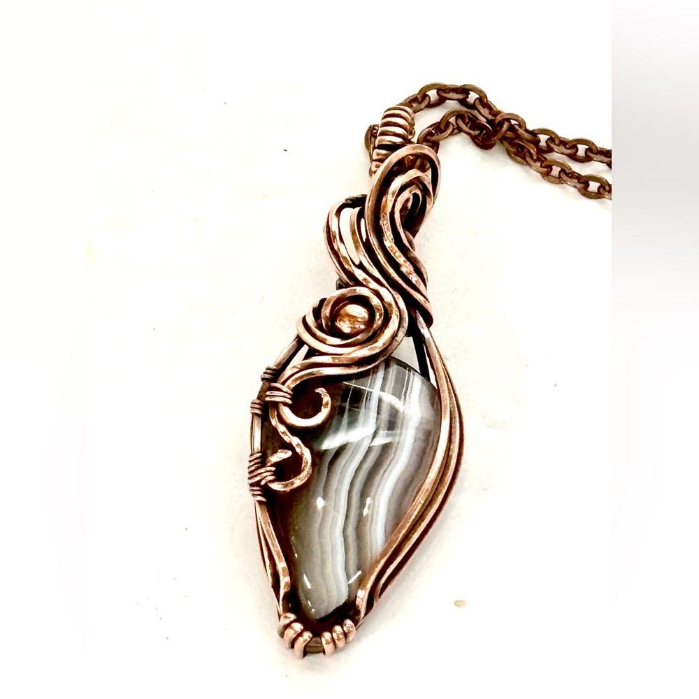 HAND CRAFTED Banded Agate Wire Wrapped Copper Elegant Pendant Necklace, Handmade